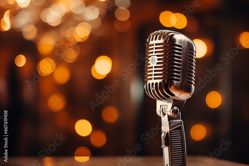 a close-up of a vintage luxurious microphone on a stand in a singing performance club, fairy lights and bokeh in the background. Jazz music cozy atmosphere photo