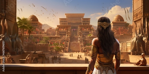 A confident Cleopatra overseeing the construction of a new temple, her image framed by massive sandstone blocks and hieroglyphics telling tales of her reign