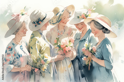 illustration of a Group of senior retirement women friends having fun together. Happiness Concept. photo