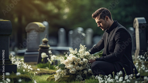 Man mourning at a funeral in a cemetery