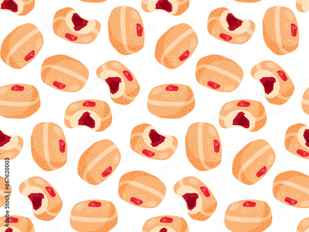Seamless pattern with Stuffed doughnut whole and bitten. Repeated cartoon flat vector illustration for wallpaper, wrapping, textile, scrapbooking. Pastry donut with jam. Sweet unhealthy food Seamless pattern with Stuffed doughnut whole and bitten. Repeated cartoon flat vector illustration for wallpaper, wrapping, textile, scrapbooking. Pastry donut with jam. Sweet unhealthy food