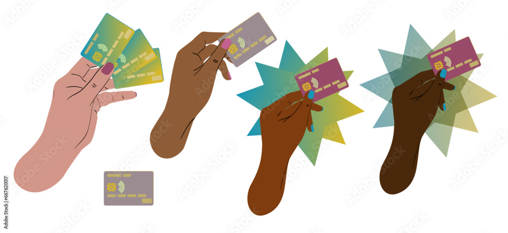 Manos con tarjetas de crédito. Diferesntes manos con tarjetas de credito. Ilustración vectorial dibujada a mano