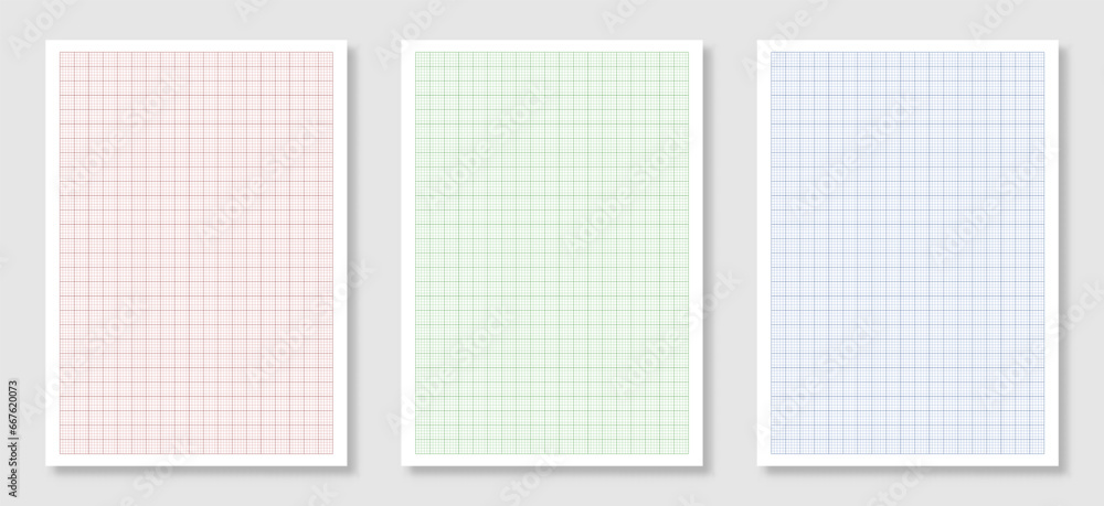 Empty A4 size sheets of graph paper with grid. Set of green, blue and red millimeter paper. Geometric checkered papers with scale for drawing, studying, technical drawing or engineering. Vector. Empty A4 size sheets of graph paper with grid. Set of green, blue and red millimeter paper. Geometric checkered papers with scale for drawing, studying, technical drawing or engineering. Vector.