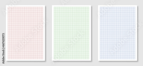 Empty A4 size sheets of graph paper with grid. Set of green, blue and red millimeter paper. Geometric checkered papers with scale for drawing, studying, technical drawing or engineering. Vector.