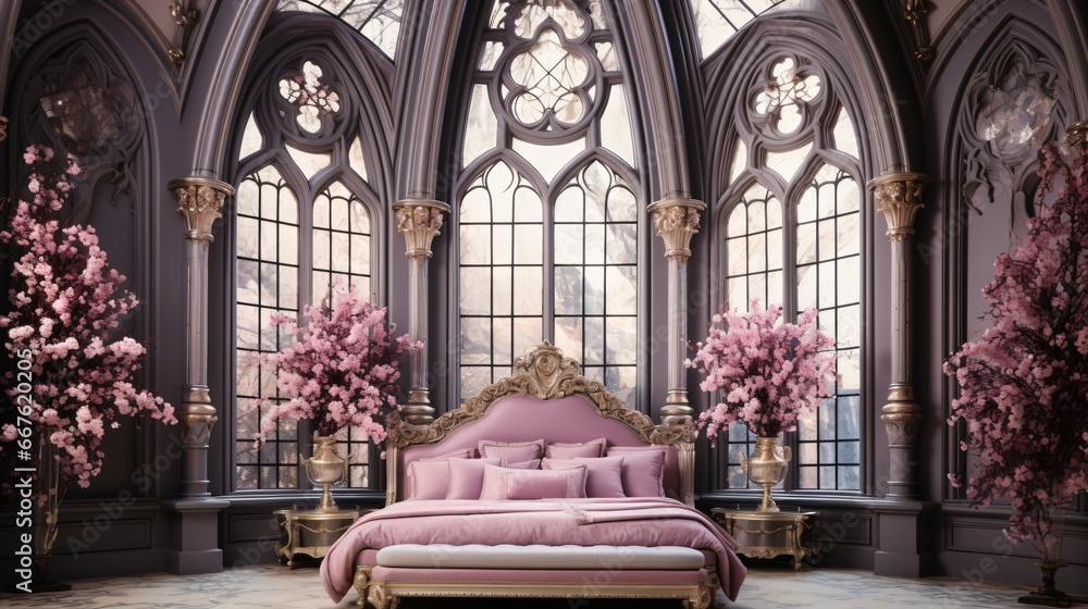 luxurious bedroom with gothic window - obrazy, fototapety, plakaty 