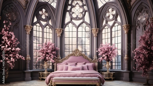 luxurious bedroom with gothic window photo