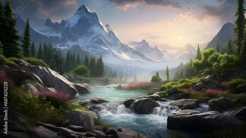 Mountain landscape with a river in the foreground and a beautiful sky