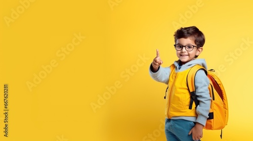 Portrait of a little caucasian boy laughing with thumbs up sign in studio photo