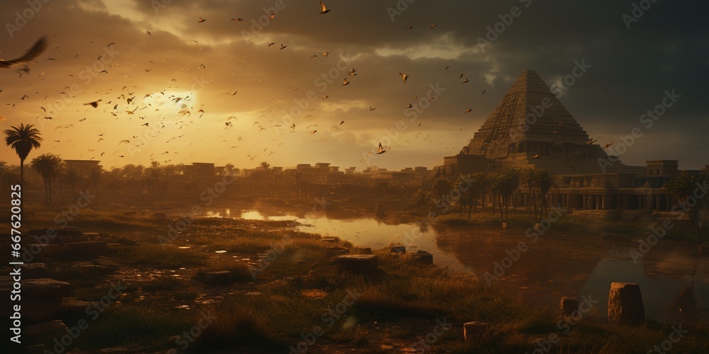 An ancient Egyptian city, once bustling with life, now overwhelmed by a dense cloud of locusts, obscuring the golden sun - obrazy, fototapety, plakaty 