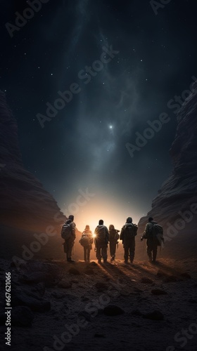 An escape scene at night where a group of people, guided by the stars, stealthily move across the desert, hoping for freedom and a life away from bondage