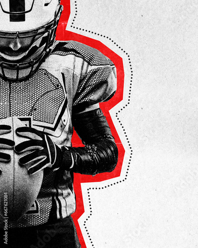 Tableau sur toile Concentrated American football player holding ball over light background