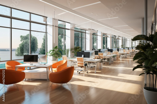 Interior photography of a contemporary design corporate office break out area, a lounge area with tables & chairs