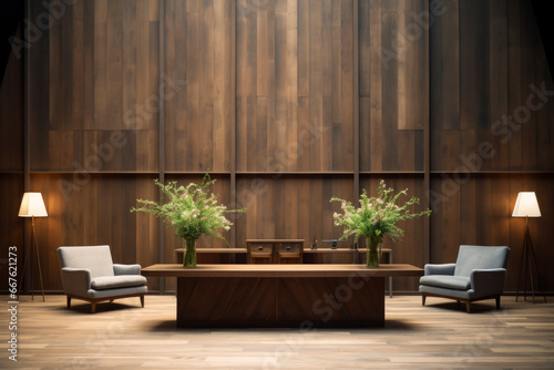 Interior of modern reception room with wooden wall and wooden floor. Concept of company office.