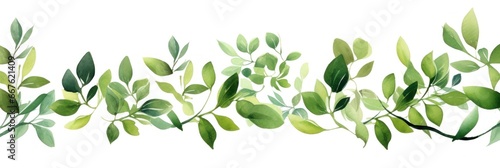 border of green leaves in watercolor style. 