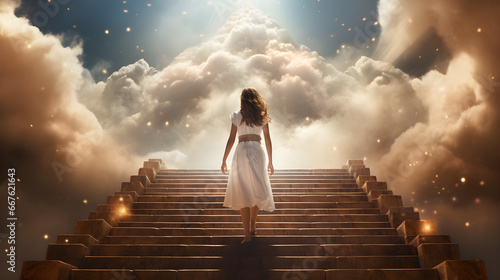 Leinwand Poster woman going to heaven on heaven stairs with clouds and sunlight