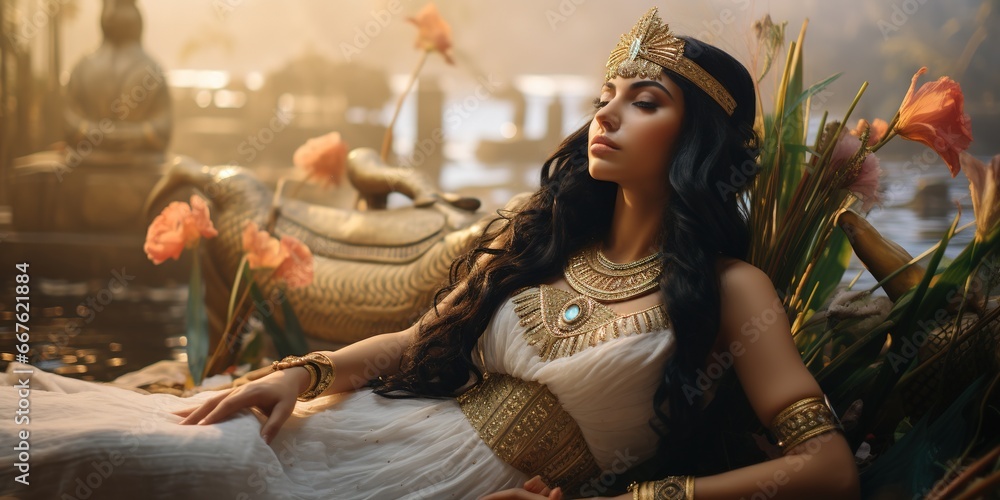 Cleopatra, seated on her golden throne, in a grand hall of her palace