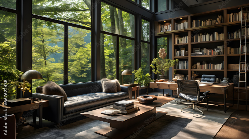 Stylish home office with library comfortable seating, and inspiring views for a tranquil workspace. Generative AI