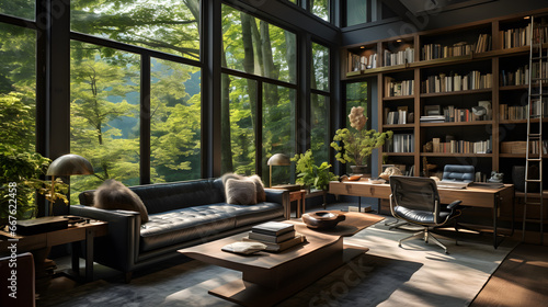 Stylish home office with library comfortable seating  and inspiring views for a tranquil workspace. Generative AI