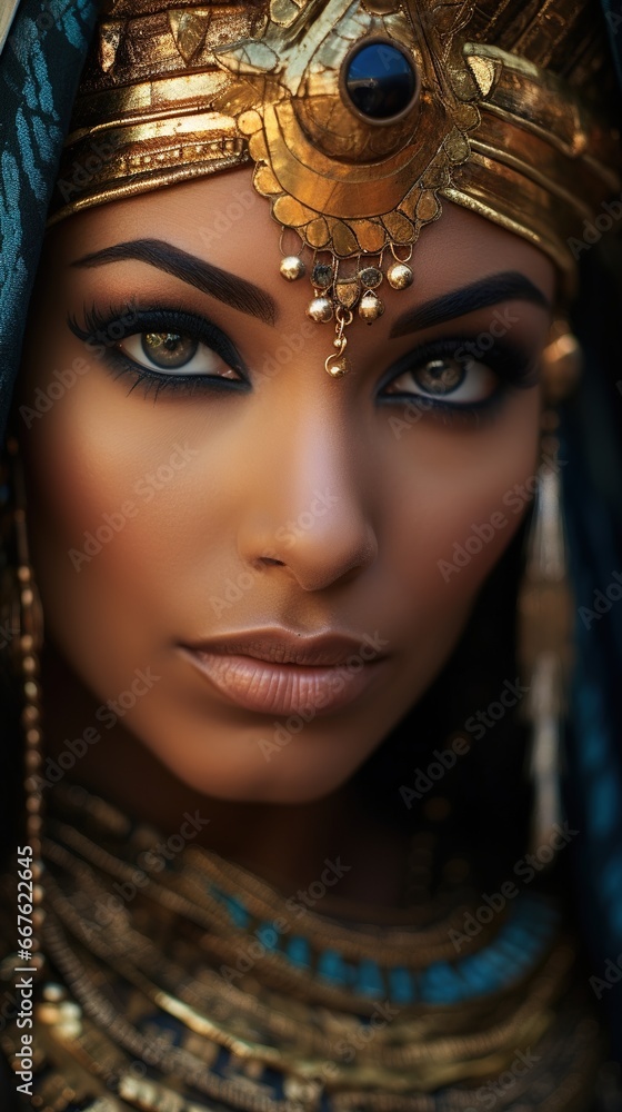 Close-up portrait of Cleopatra's face, her eyes intense and lined with kohl, against a backdrop of the bustling markets of Alexandria, capturing the essence of the vibrant city she ruled Close-up portrait of Cleopatra's face, her eyes intense and lined with kohl, against a backdrop of the bustling markets of Alexandria, capturing the essence of the vibrant city she ruled