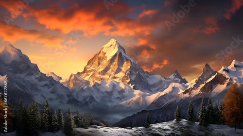 Panoramic view of the snowy mountains at sunset. Switzerland.