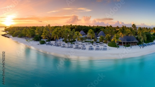 Aerial view of beautiful tropical island with beach and palm trees at sunset.