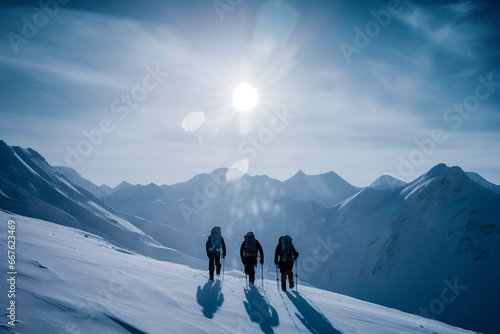 Journey to the Summit: Hikers Ascend Snow-Covered Mountain Under a Brilliant Sun, ai generative