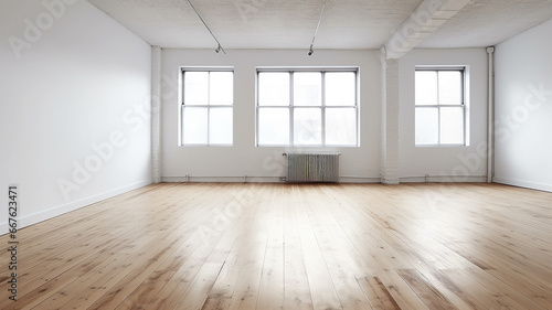 bright empty room hall with a large window and parquet, natural lighting.