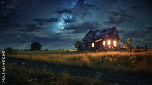 landscape panorama lonely house cottage under the starry sky.