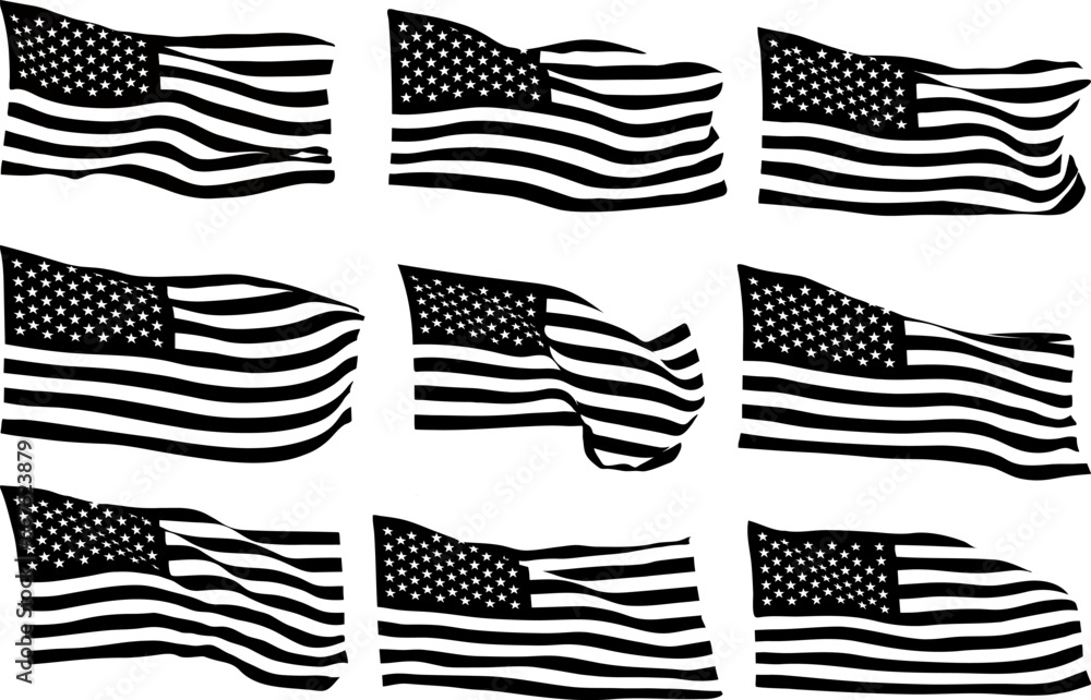 Collection of silhouettes in the wind, waving USA flag, A set of ...