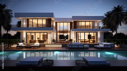 3d rendering of modern cozy house with pool and parking for sale or rent in luxurious style by the sea or ocean. Clear summer night with many stars on the sky. © Michelle