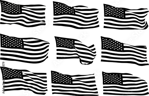 Collection of silhouettes in the wind, waving USA flag, A set of silhouette American flag vector, American Flag Silhouette