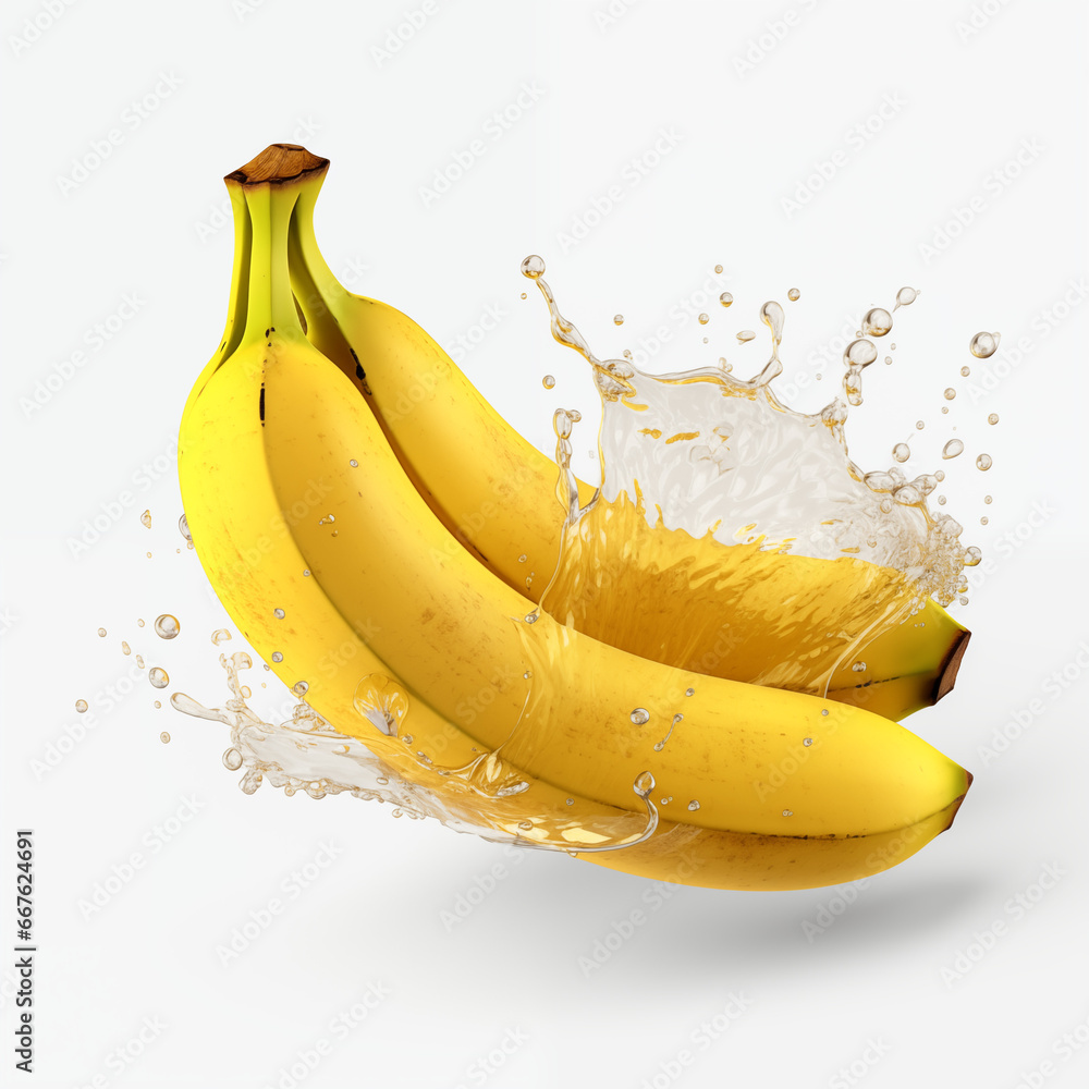 Yellow banana in water splash isolated on a white background. PNG. Generative AI