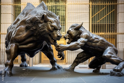 Sculpture depicting bear and bull clash in New York's Wall Street symbolizing stock market's volatility and recession concept. Generative AI