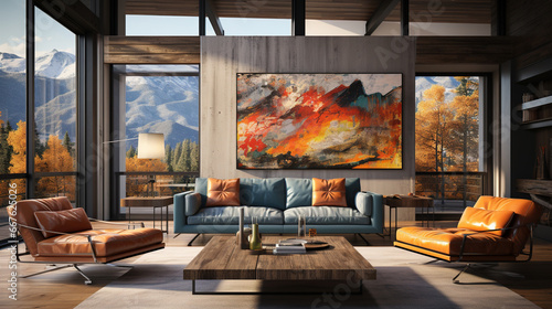 A Modern Steel and Concrete Home Living Room with Colorful Paintings Fall Mountain Scenary Outside Interior Background photo