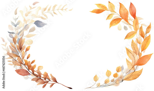 watercolor autumn background, leaves, round frame, landscape, template for design