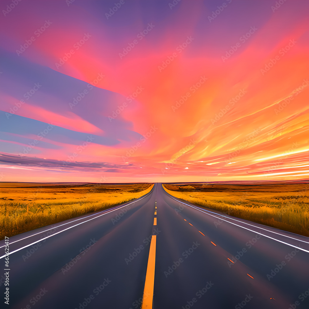 Straight road with sunset, empty road, Generative AI