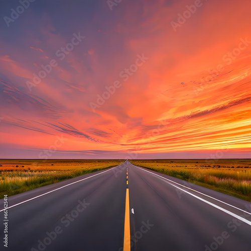 Straight road with sunset, empty road, Generative AI © LIUBOMYR