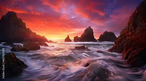 Long exposure panoramic seascape of rocky coastline at sunset