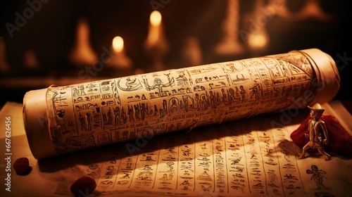 Papyrus scroll adorned with ancient symbols and illustrations