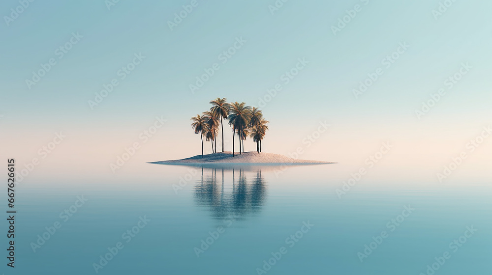 lonely little island with palm trees in the sea minimalism landscape. - obrazy, fototapety, plakaty 