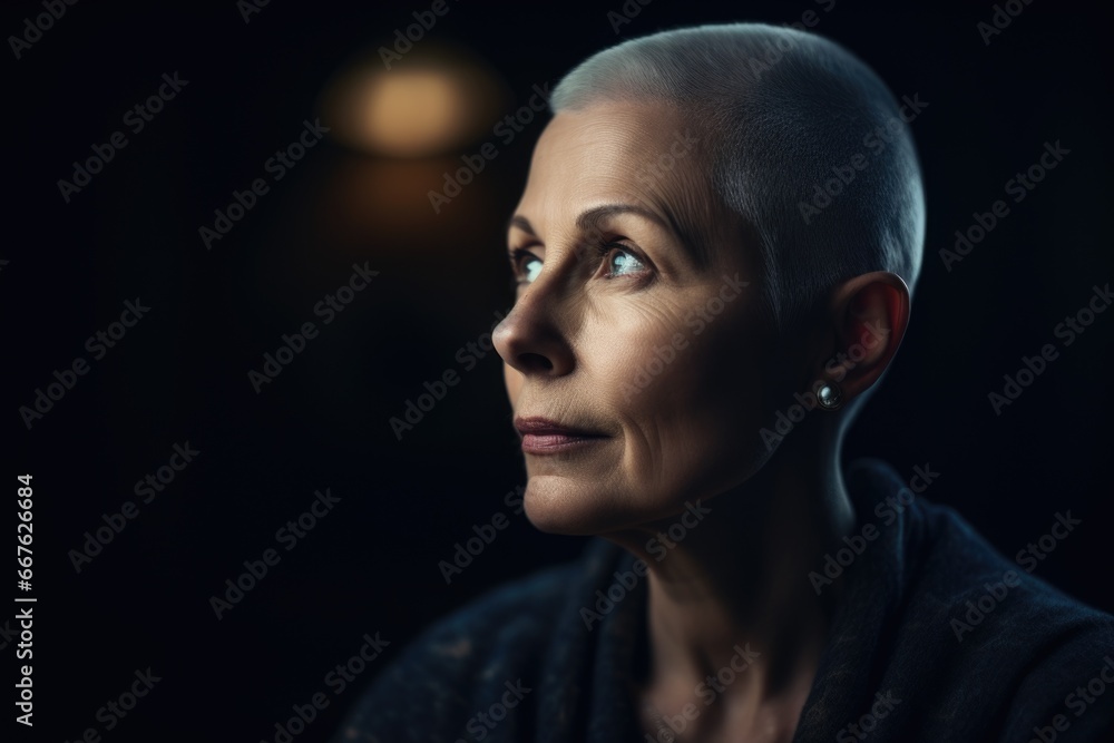 A woman cancer survivor looking into the distance with determination and resilience.