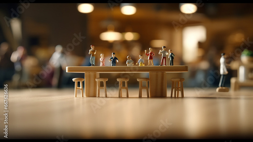 miniature dancing people disco party, blurred background restaurant table.