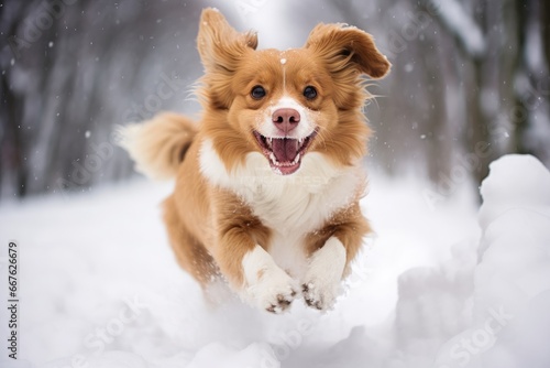a cute happy-looking adult brown dog running through the snowy terrain in the countryside, looking into the camera, low-angle shot © Romana
