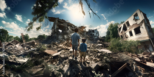 Rear view of a orphaned children stand in front ruin of a destroyed building, War disaster concept illustration photo
