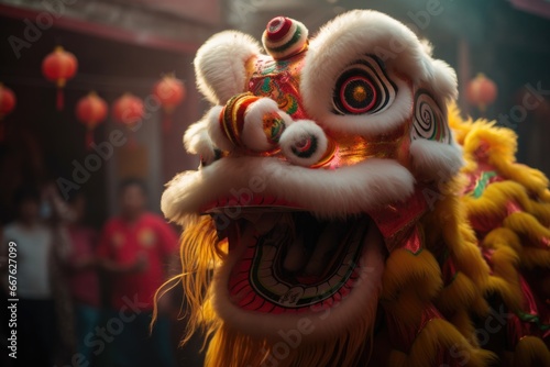 A lion dance performance during Chinese New Year celebrations. The energetic movements and colorful costumes of the dancers.