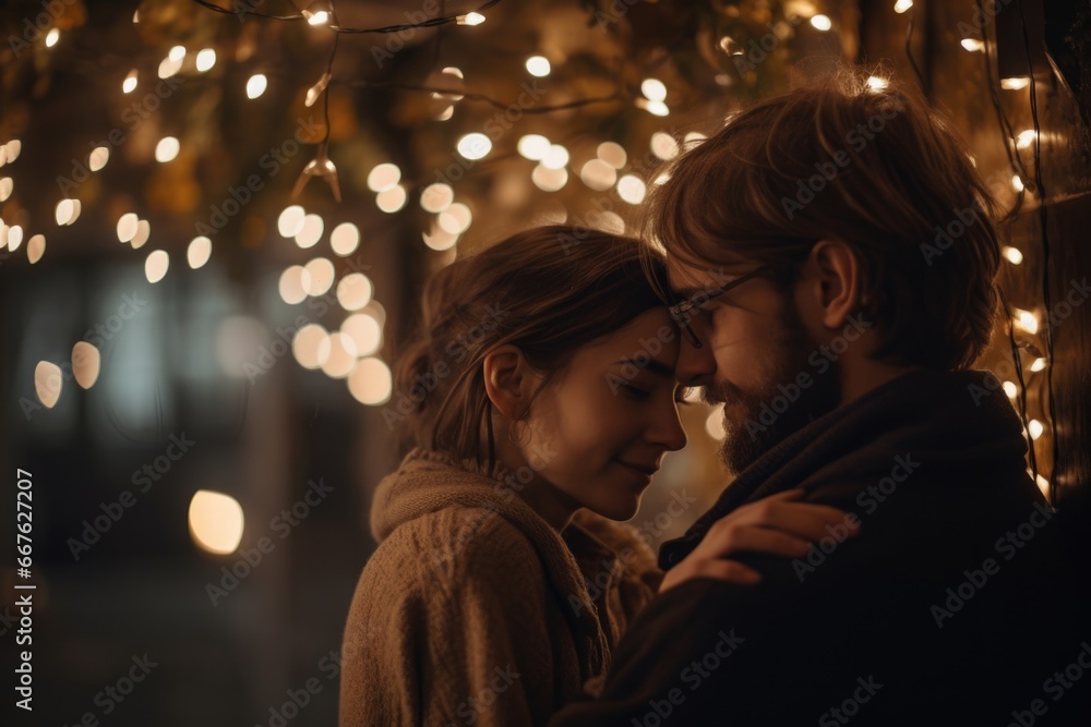 A young couple embracing under canopy of trees. Valentines Day date, evening walking.