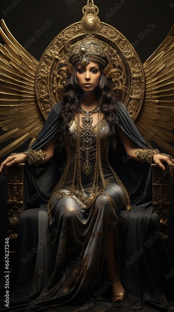 Portrait of Isis, the mother goddess, with her winged arms and symbolic throne crown - obrazy, fototapety, plakaty 