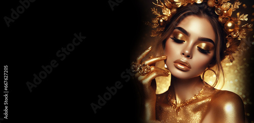 Fashion Glamour Makeup. Glamor Golden Make-up.Holiday Gold Makeup. Generative AI.