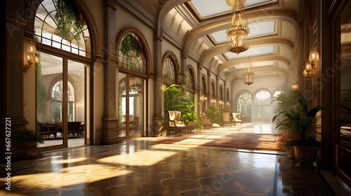 Luxury hotel lobby interior, panoramic view of luxury hotel lobby