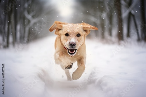 a cute happy-looking adult brown dog running through the snowy terrain in the countryside, looking into the camera, low-angle shot